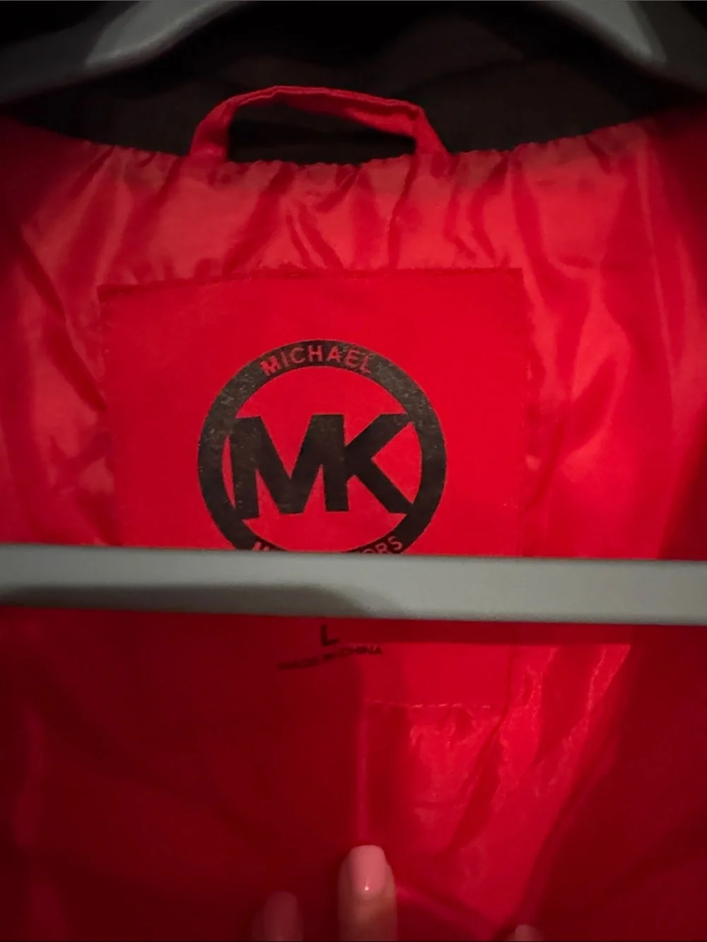 Michael Kors Red Hooded Puffer Jacket with Black Trim